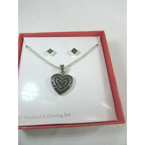 Vintage Faux Marcasite Heart Pendant Pierced Earrings Set 51771 - Picture 2 of 5